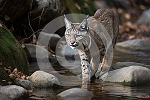 A Bobcat Stalking Prey Near A Mountain Stream. Generative AI