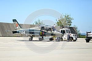 Mechanics attend IAR 99 Soim (Hawk) advanced trainer and light attack airplane, used as jet trainer of the Romanian Air Force