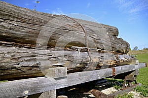 Bobsled on skids loaded with old logs