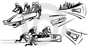 Bobsleigh and four athletes in perspective.