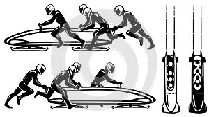 Bobsleigh and four athletes in profile. Hand drawn illustration.