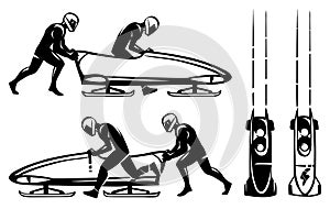 Bobsleigh and two athletes in profile. Hand drawn illustration