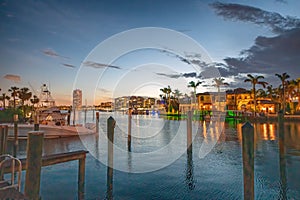 Boca Raton buildings along Lake Boca Raton at sunset, Florida photo