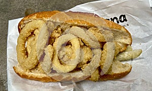 Bocadillo de calamares, the popular sandwich from Madrid.