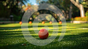 A bocce ball making the critical hit, with the other balls and the pallino in a strategic blur in the background