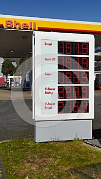 Sign at a gas station with high gasoline prices in Germany in March 2022