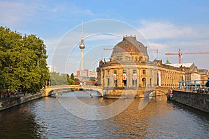 Bode Museum on Museum Island in Spree River with ubiquitous Berlin Television Tower at the back, Berlin, Germany Deutschland