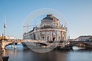 Bode Museum and TV Tower with River Spree and Bridge at blue sky