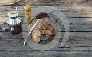 Bodegon made with thistle mushrooms on aged table II photo