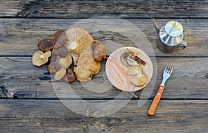 Bodegon made with thistle mushrooms on aged table V photo