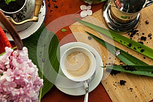 Bodegon zenith ancient coffee and flowers 2 photo