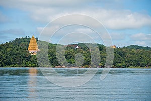 Bodhgaya pagoda and raft village by hill and river, Sangkhlaburi