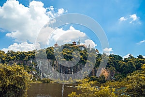 Bodhisattva architecture and double sky dragon in Chau Thoi pagoda, Binh Duong province, Vietnam in the afternoon with sun through