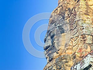 Bodhisattva Avalokiteshvara face on Bayon temple in Angkor, Cambodia