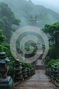 Bodhisattva Statues in Misty Mountain Temples The figures blur into the mist