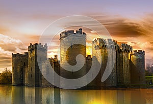 Bodiam Castle 14th-century moated fortification at sunset. England