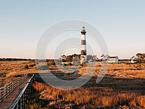Bodie Island Lighthouse and marsh boardwalk trail, in the Outer Banks, North Carolina