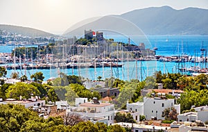 Bodrum castle and Marina Harbor in Aegean sea in Turkey