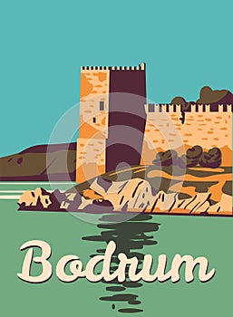 Bodrum Castle retro poster, Turkey resort. Vintage touristic postcard, placard, vector