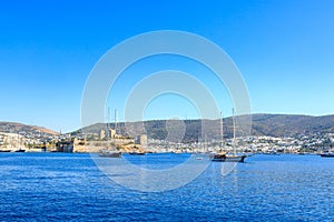 Bodrum castle from sea with boats in Bodrum