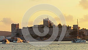 Bodrum Castle sunset view. A medieval mediterranean fortress by the sea. Famous landmark of Turkey