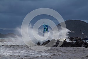 Bodrum Turkey. 15 January 2019: Southern windstorm in the Aegean sea. The waves exceeded over the breakwater