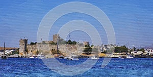 Bodrum, Turkey, Aegean Sea, view of a city, an embankment with restaurants and the old castle of St. Peter.