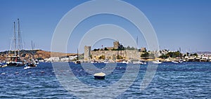 Bodrum, Turkey, Aegean Sea, view of a city, an embankment with restaurants and the old castle of St. Peter.