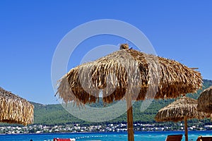 Bodrum, Turkey - August 2020: Hotel beach Lujo. Vacation in Paradise. Beautiful tropical beach banner. White sand travel photo