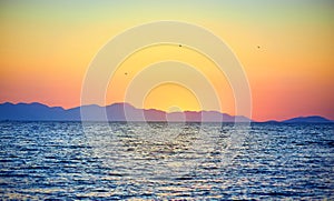 Bodrum, Turkey: Beautiful seascape at sunset over the sea with blue and pink pastel colors. Vacation Outdoors Seascape Summer