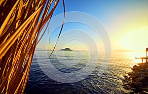 Bodrum, Turkey: Beautiful seascape at sunset over the sea with blue and pink pastel colors. Vacation Outdoors Summer Travel