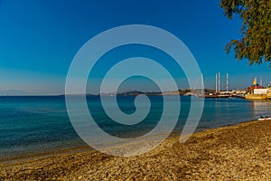 BODRUM, TURKEY: Beautiful seascape with a view of the ship and the mountains on the horizon in Bodrum on a sunny day.