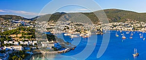 Bodrum, Turkey . hilltop view of marina and old town with fortress