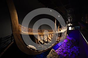 Bodrum - Turkey, September 30, 2023, Reconstructed ancient shipwreck in Museum of Underwater Archaeology - Uluburun shipwreck