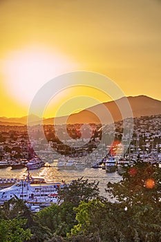 Bodrum, Turkey. View of Marina, Yachts and boats in the Aegean Sea at sunset,