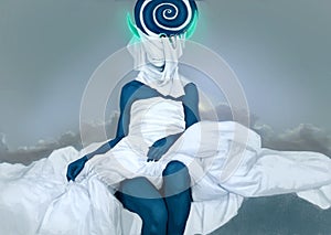 Body of abstract woman, PS drawing. Blue color with white fabric
