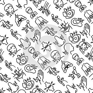 Body aches seamless pattern with thin line icons: migraine, toothache, pain in eyes, ear, nose, when urinating, chest pain,