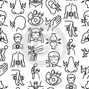 Body aches seamless pattern with thin line icons: migraine, toothache, pain in eyes, ear, nose, when urinating, chest pain,