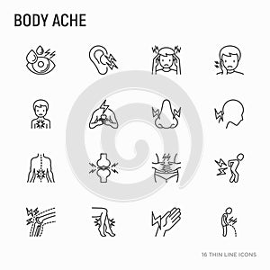Body aches thin line icons set: migraine, toothache, pain in eye