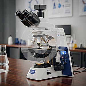 Body with black and blue accents. The microscope features a set of