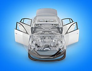 Body car with no wheel front view on blue background 3d