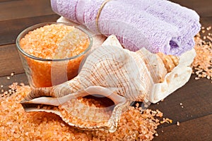 Body care accessories: towels, sea salt, soap and shell