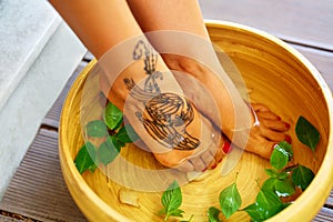 Body Care. Female Feet Spa Pedicure Procedure, Treatment. Basin, Bowl