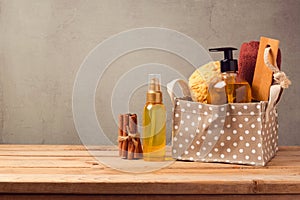Body care and personal hygiene products on wooden table