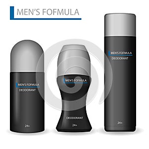 Body care products for men. Realistic Set of Black Cosmetics bottle can Spray, Deodorant, Roll-on and antiperspirant