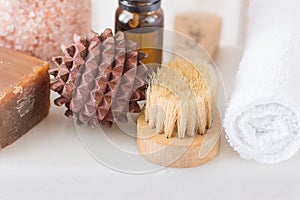 Body Care Spa Relaxation Cleansing Concept. Brush Handmade Coal Tar Soap Essential Oil Himalayan Salt Sandal Wood Massage Ball