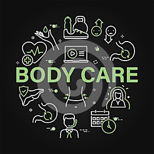 Body Care text amidst various linear icons on black