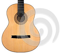 Body classical guitar with yellow deck on white background