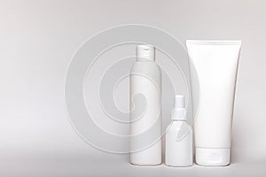 Body cream, shampoo, medicine, make-up, cosmetic bottle and shower foam. Hygiene and care in set of items, group of objects