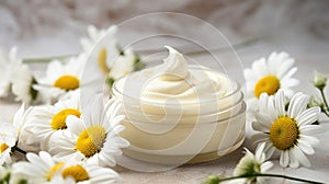 Body cream white essential oil, chamomile daisy flowers. Herbal cosmetic
